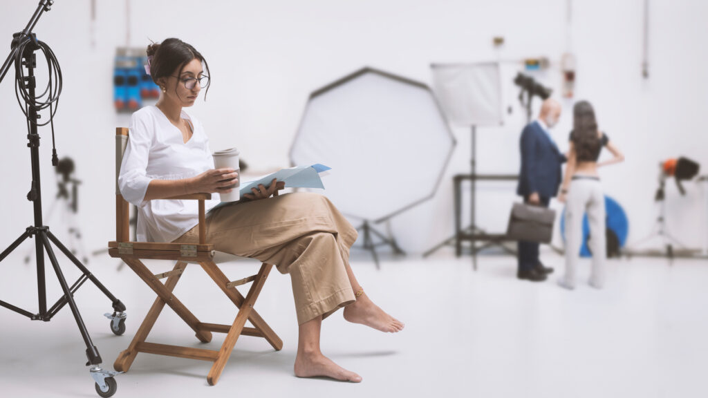 Actress reading her script on a film studio set
